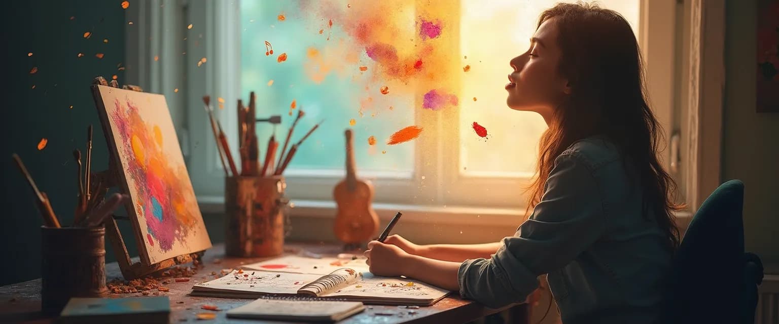 Person finding heartbreak help through creative expression with art supplies, music, and writing materials