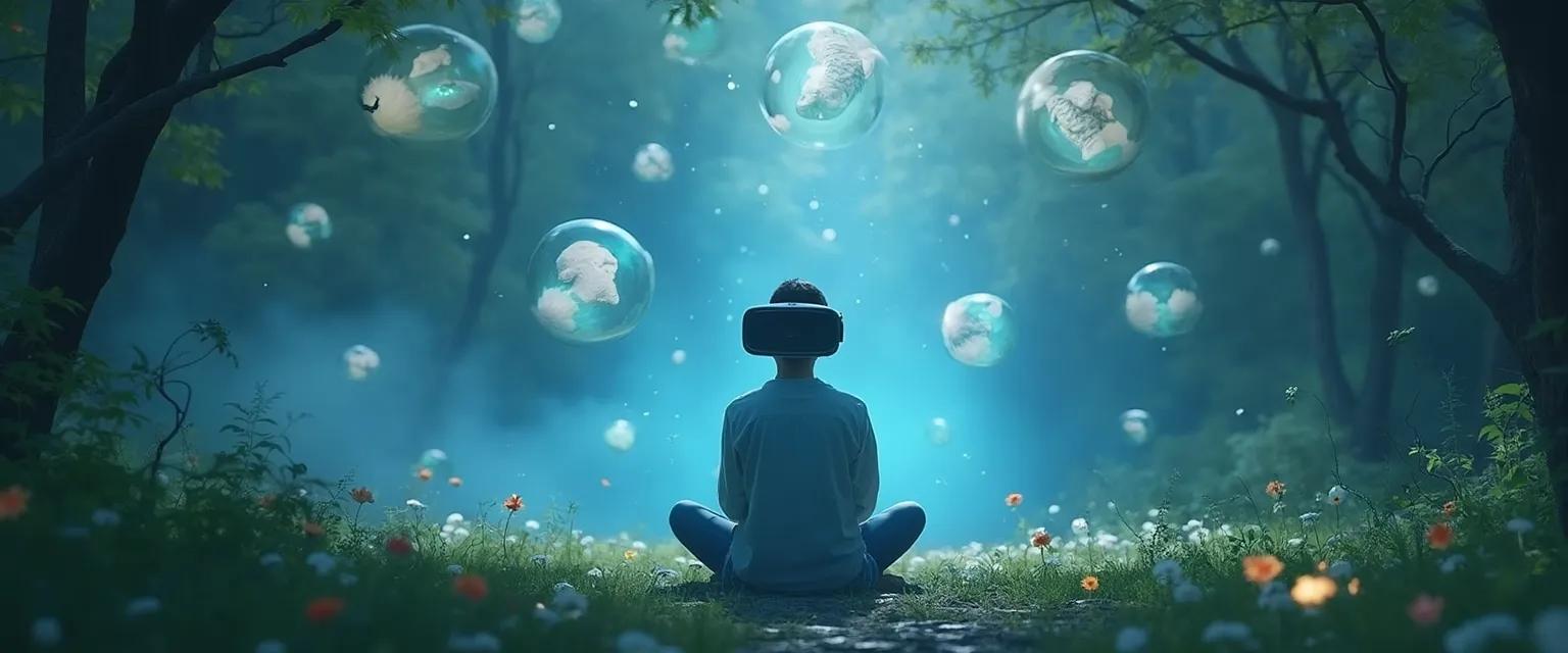 Person using virtual reality grieving tools in a digital memorial space