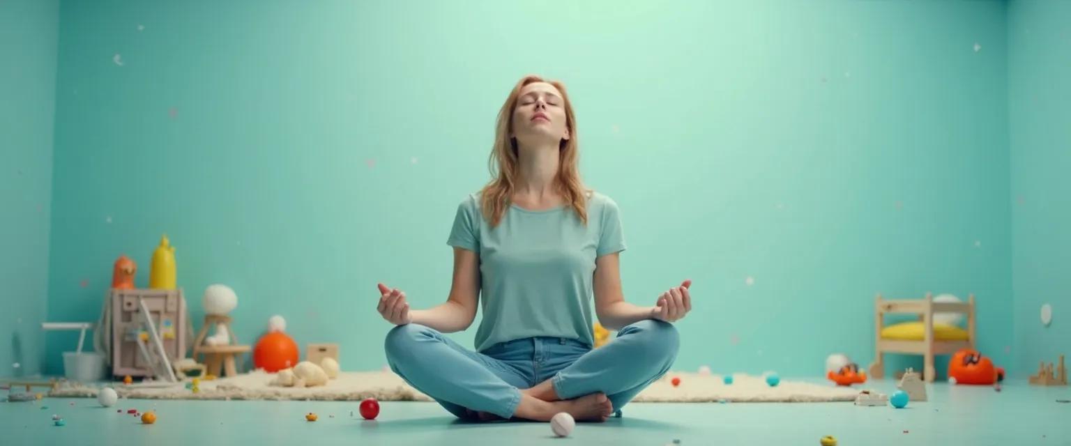 Single parent practicing 5-minute anxiety management technique while caring for child