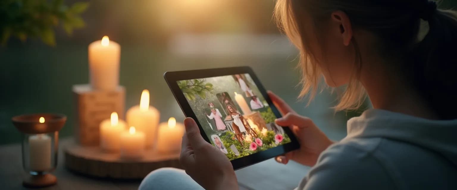 Person using a grief app on smartphone to create a digital memorial ritual
