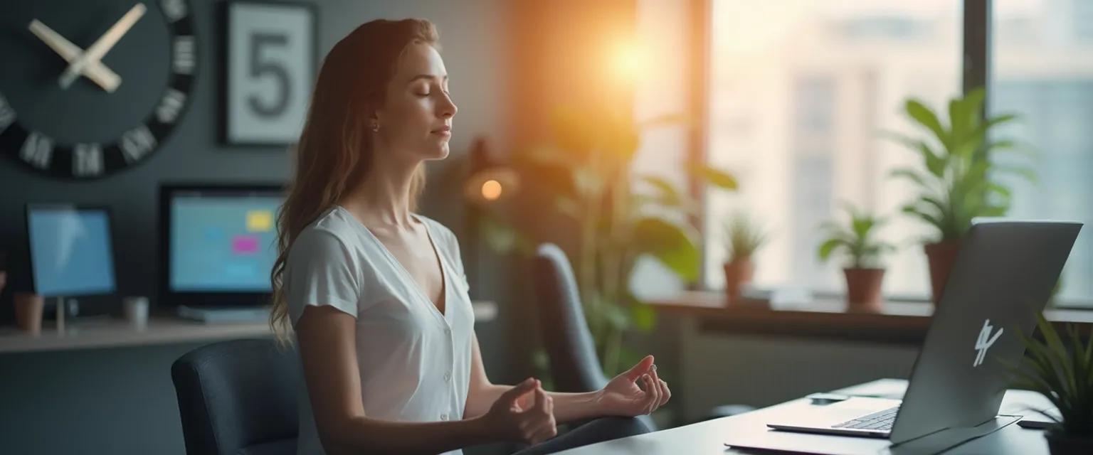 Professional practicing TED talk mindfulness technique during a short work break