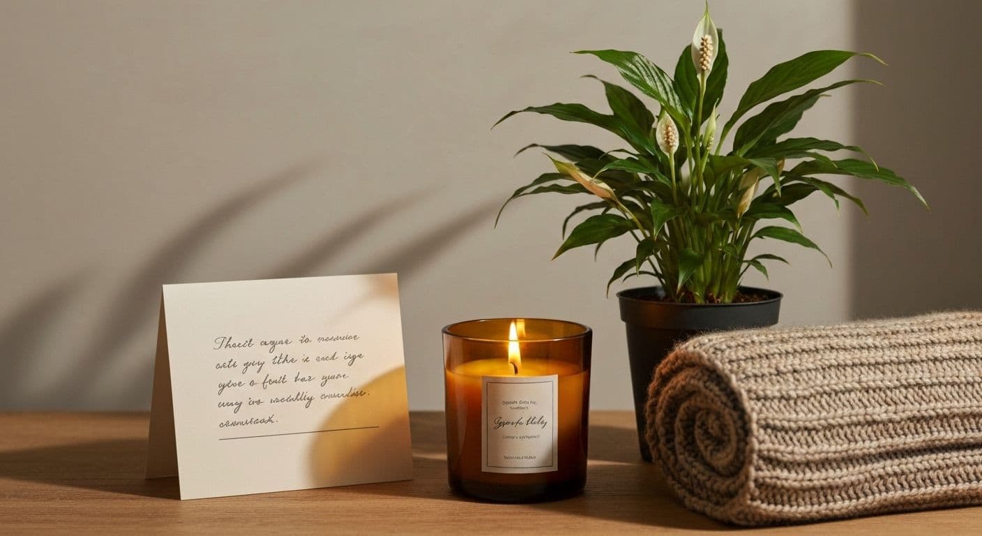 Thoughtful comfort items showing what to send someone grieving including candles, blankets, and supportive care packages