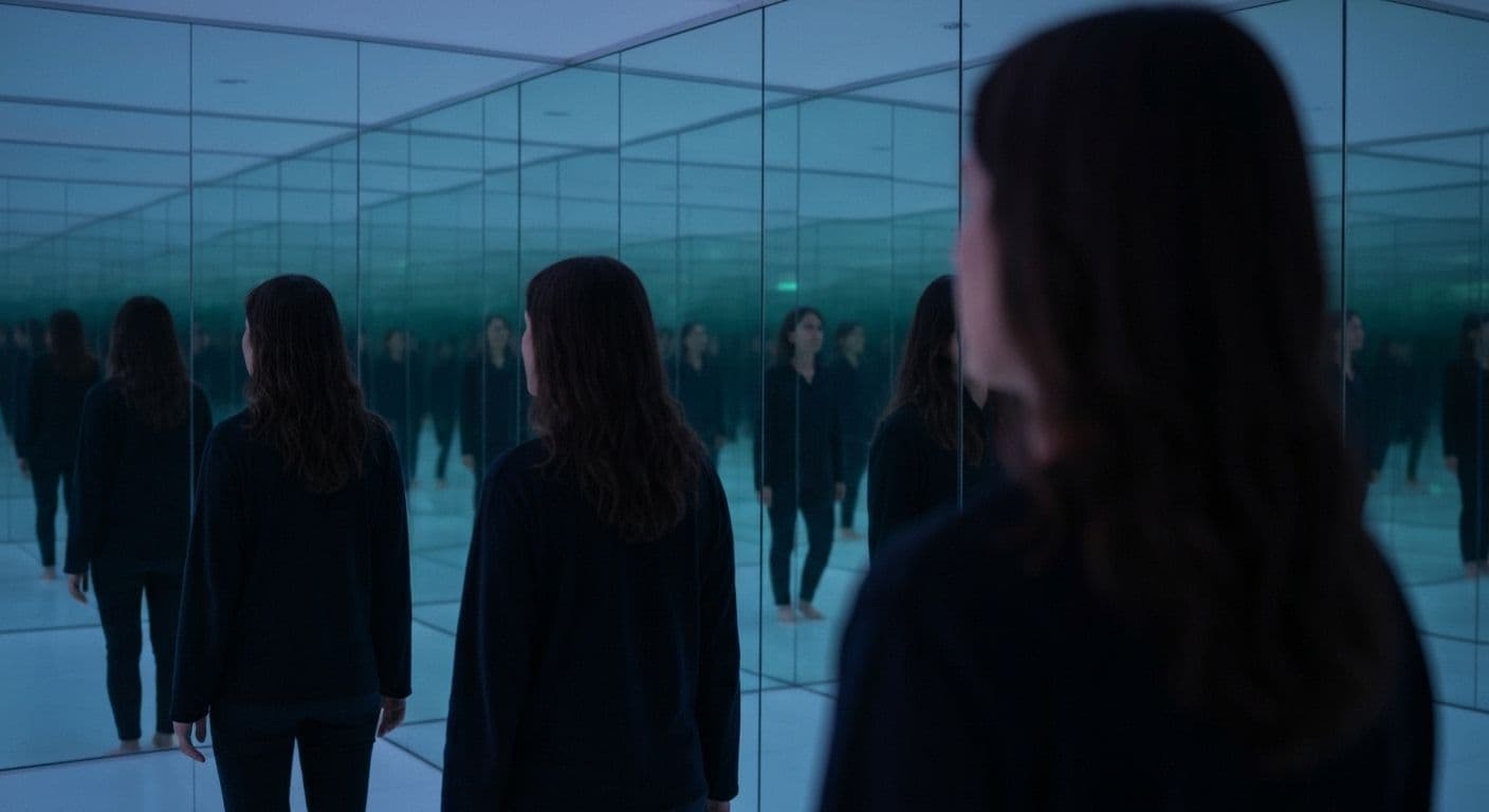 Person looking at multiple mirrors showing over self awareness and excessive introspection
