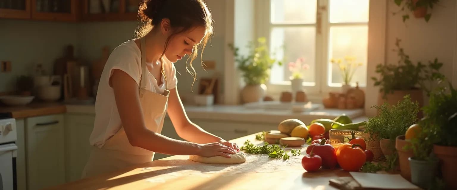 Woman healing her heartbreak by cooking a comforting meal in a bright kitchen