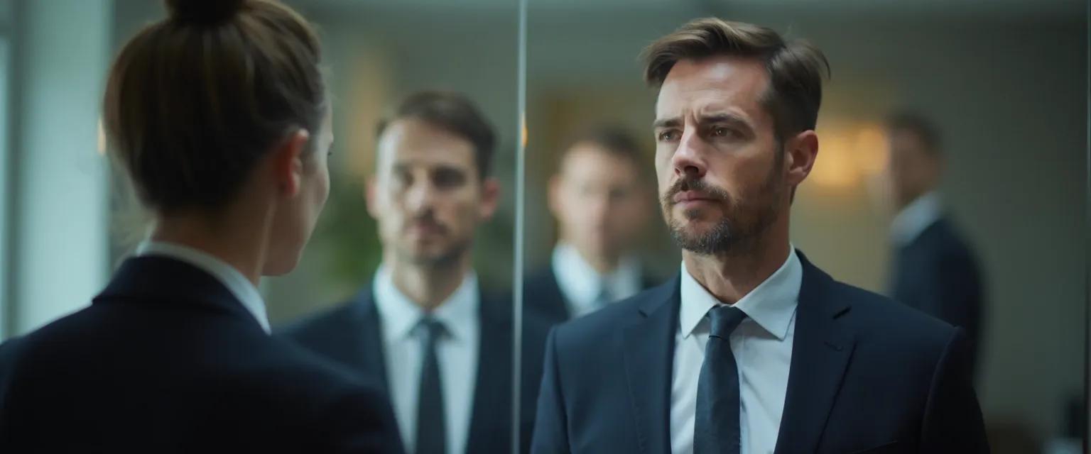 Business professional conducting a leadership self awareness assessment during a quiet reflection moment