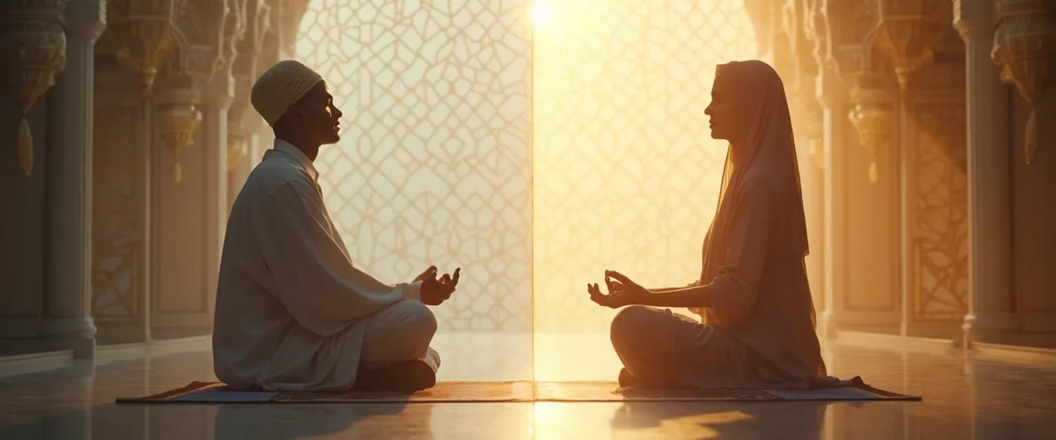 Muslim practicing Muraqabah for self awareness in Islam compared to meditation