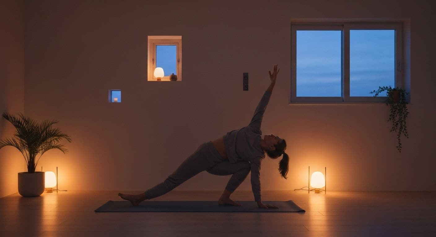 Woman practicing evening stretching routine for healthy body healthy mind connection and improved mental focus