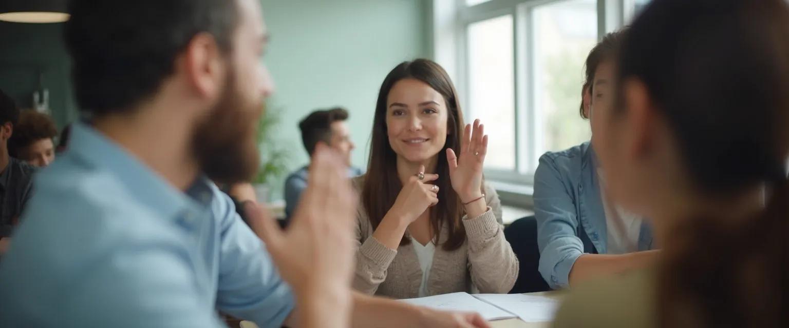 Teacher demonstrating positive body language to enhance teacher self awareness in classroom