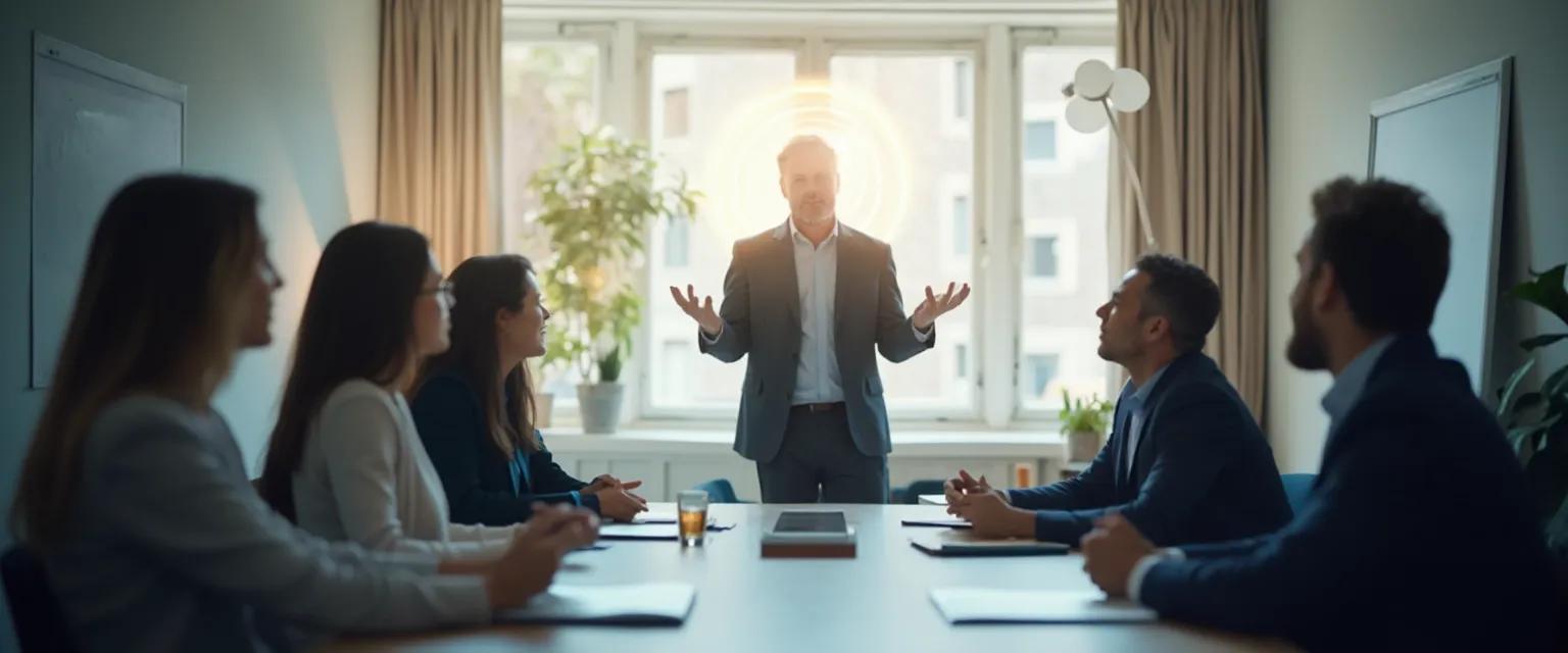 Business leader demonstrating self-awareness techniques during team meeting