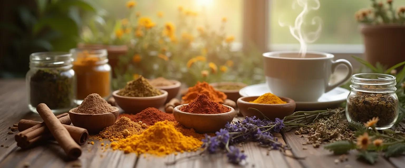 Collection of kitchen spices that serve as natural remedies for anxiety including turmeric, cinnamon, and saffron
