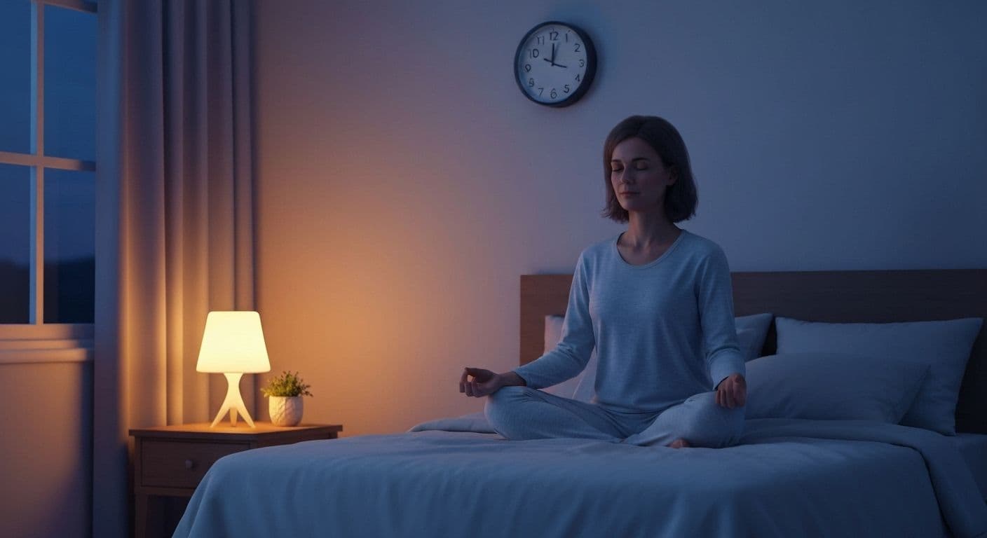 Peaceful parent practicing mindfulness meditation for sleep and anxiety relief in bedroom at night