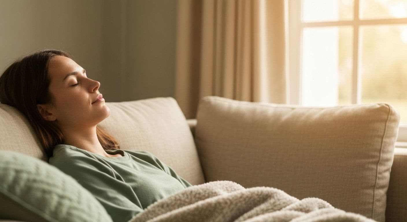Person practicing gentle mindfulness for depression while resting comfortably, demonstrating low-energy awareness techniques
