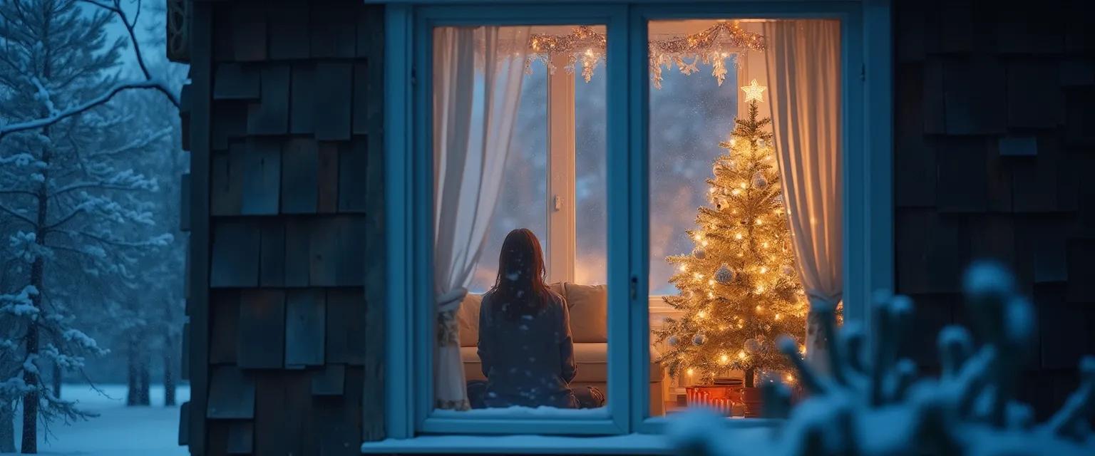 Person looking stressed amid holiday decorations, illustrating holiday anxiety and celebration stress