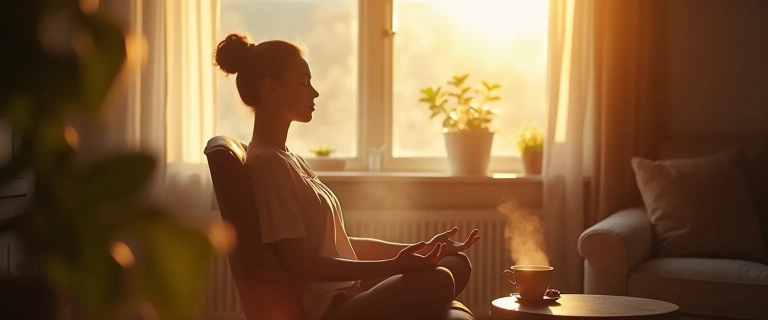 Woman practicing 5-minute mindfulness meditation while making morning coffee