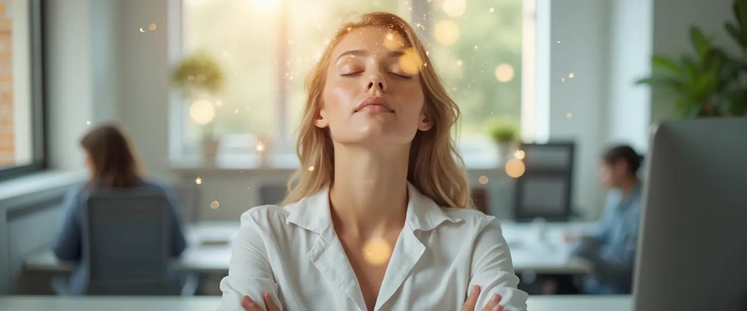 Person practicing quick meditation for mental health at their desk
