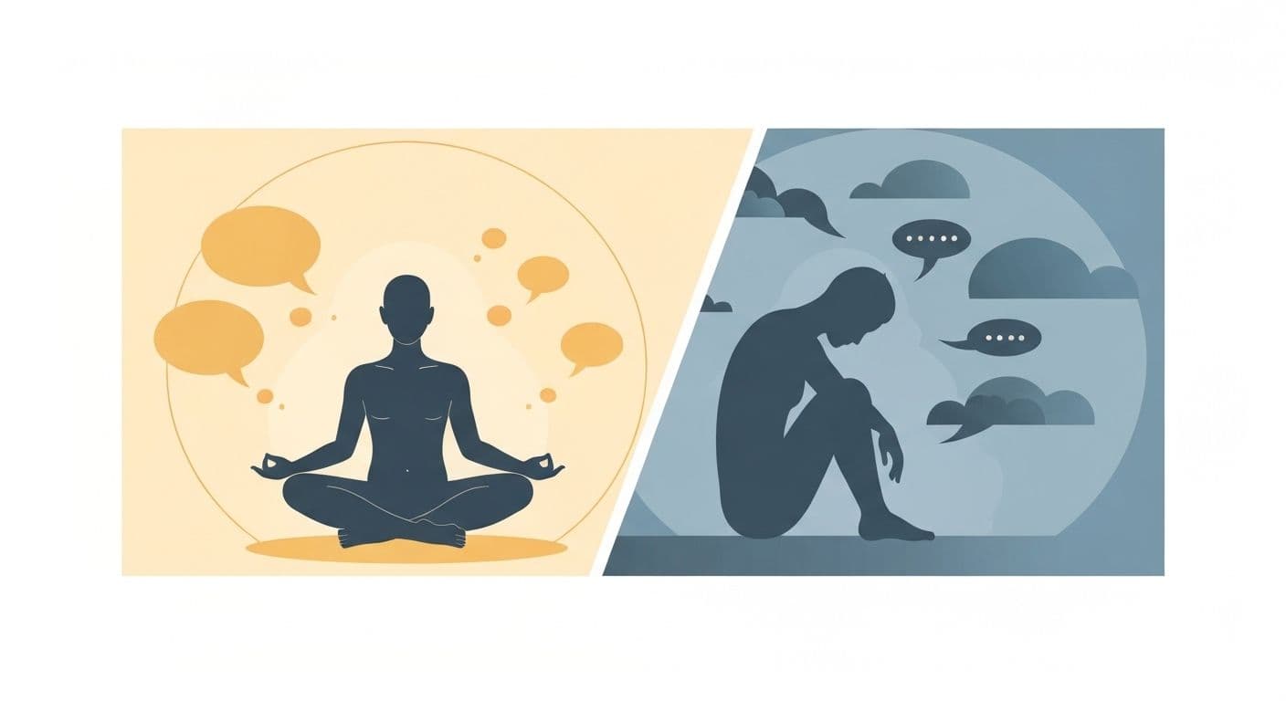 Person practicing mindful self-awareness with compassionate observation instead of self-criticism