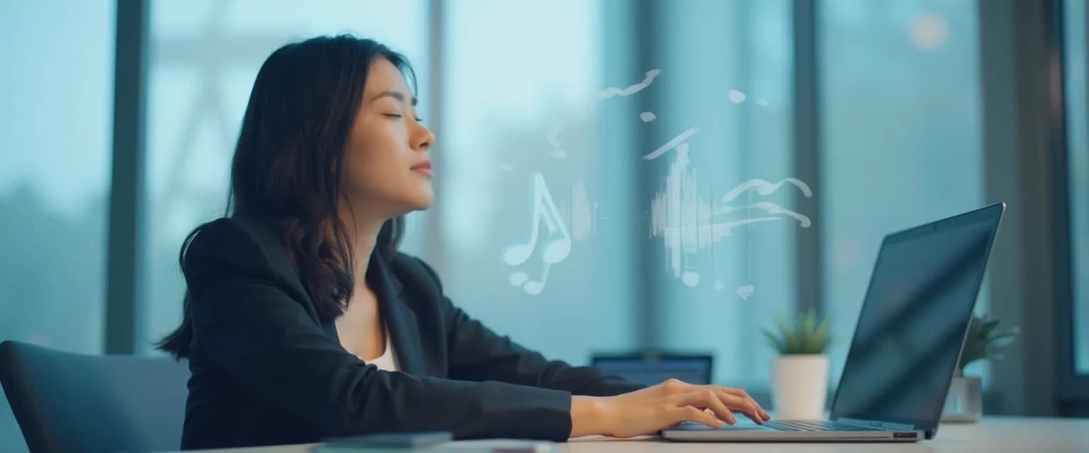 Professional practicing a 5-minute mindful listening exercise at work