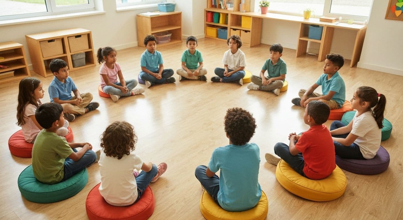 Teachers facilitating self-awareness SEL circle time with students sitting in a circle discussing emotions and personal strengths