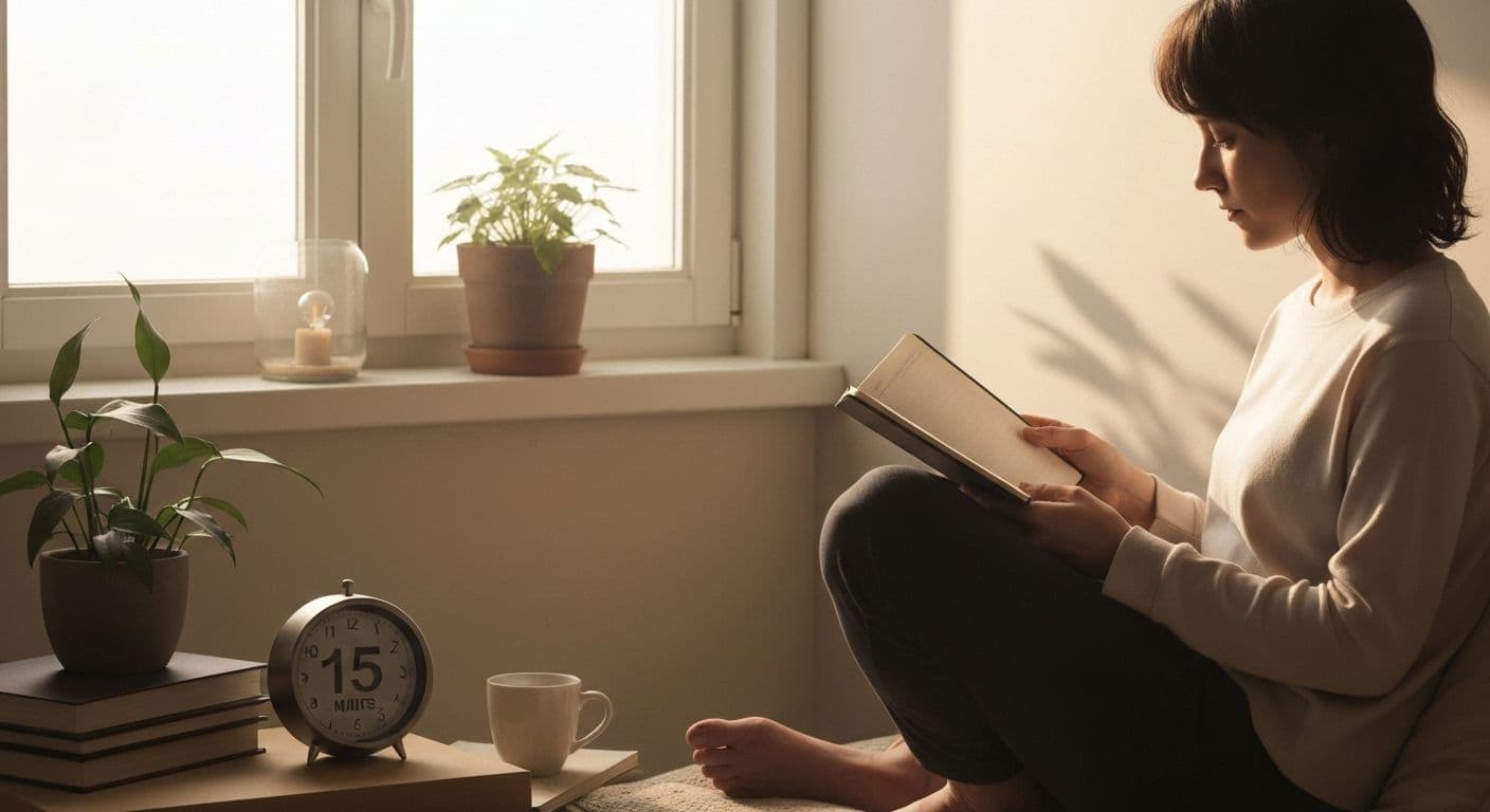 Person practicing self awareness and personal development through mindful daily reflection in calm environment