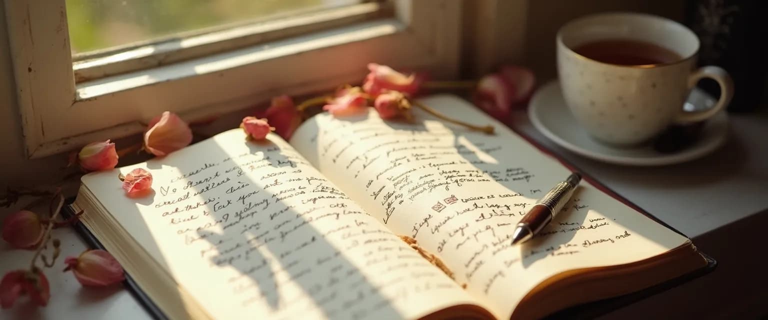 Person writing therapeutic notes on heartbreak in a journal with a peaceful expression