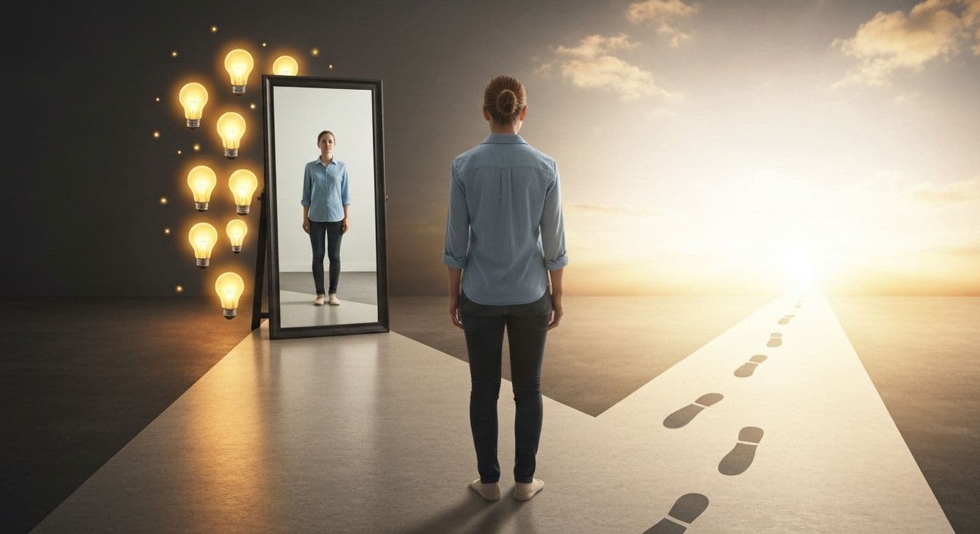 Person reflecting on self-awareness and self-knowledge while taking action toward personal change