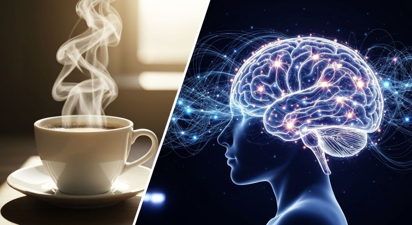 Person drinking coffee while thought bubbles show the unconscious mind processing information in the background