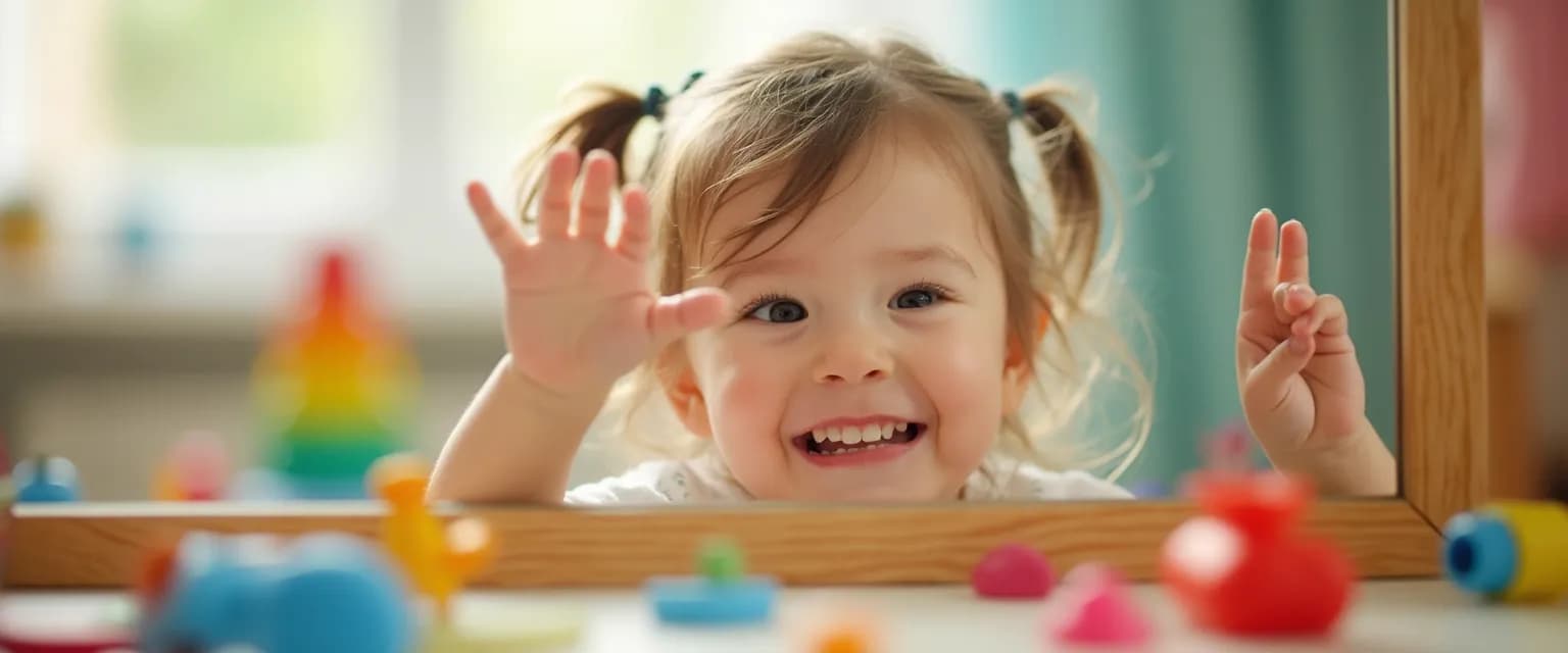 Preschooler playing self-awareness mirror games to develop emotional recognition skills