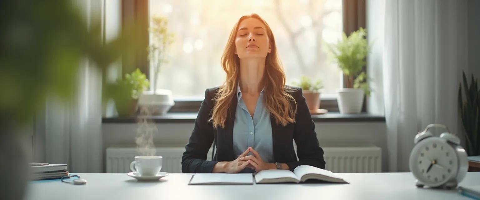 Professional woman practicing 5-minute mindfulness exercises for adults at her desk