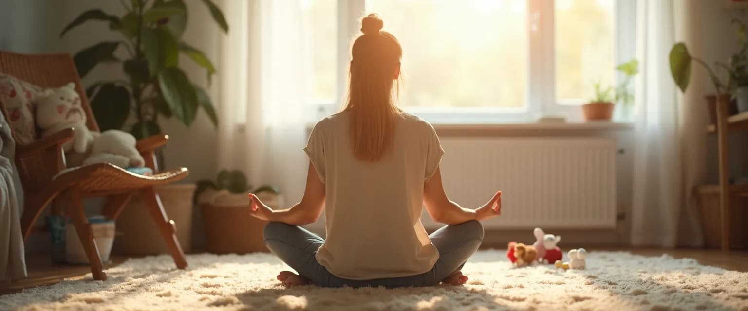 Parent practicing Jon Kabat-Zinn guided meditation while children play nearby