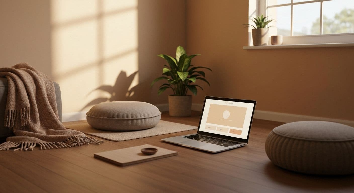 Person practicing Palouse Mindfulness meditation with structured weekly guide and supportive community elements