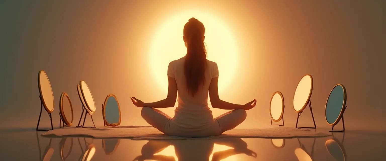 Person practicing self help awareness techniques with a calm, reflective expression