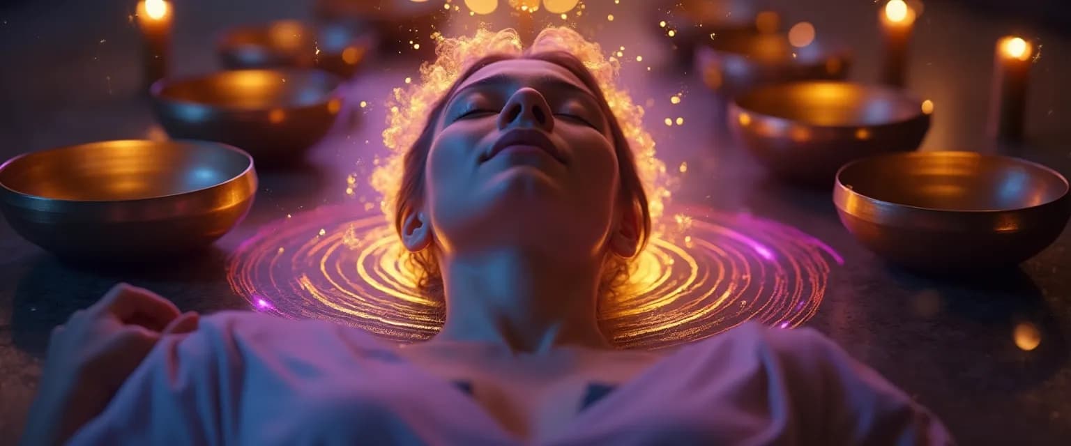 Person experiencing sound bathing with singing bowls to calm their mind