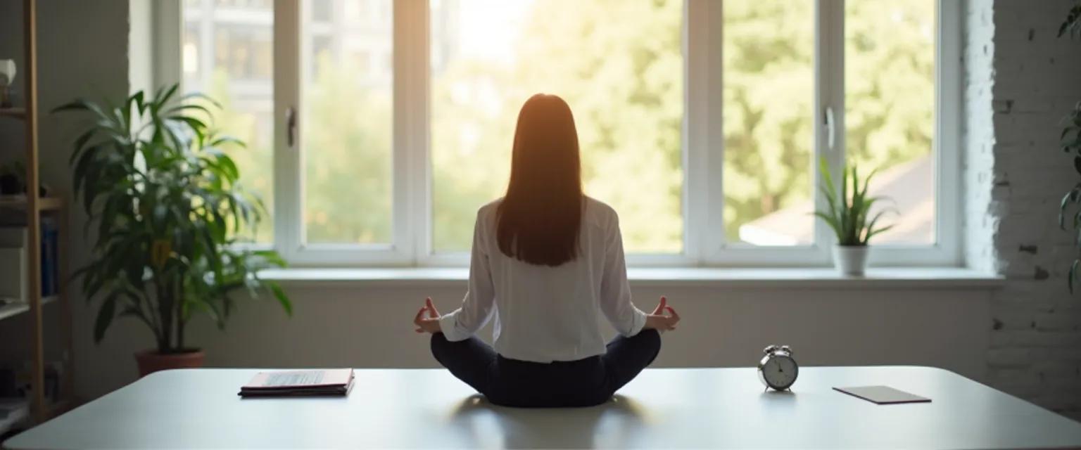 Professional practicing grief and meditation at desk with subtle breathing technique