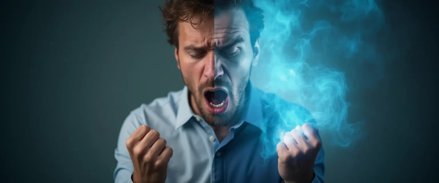 Person demonstrating physical techniques to stop anger outbursts using breathing and relaxation methods