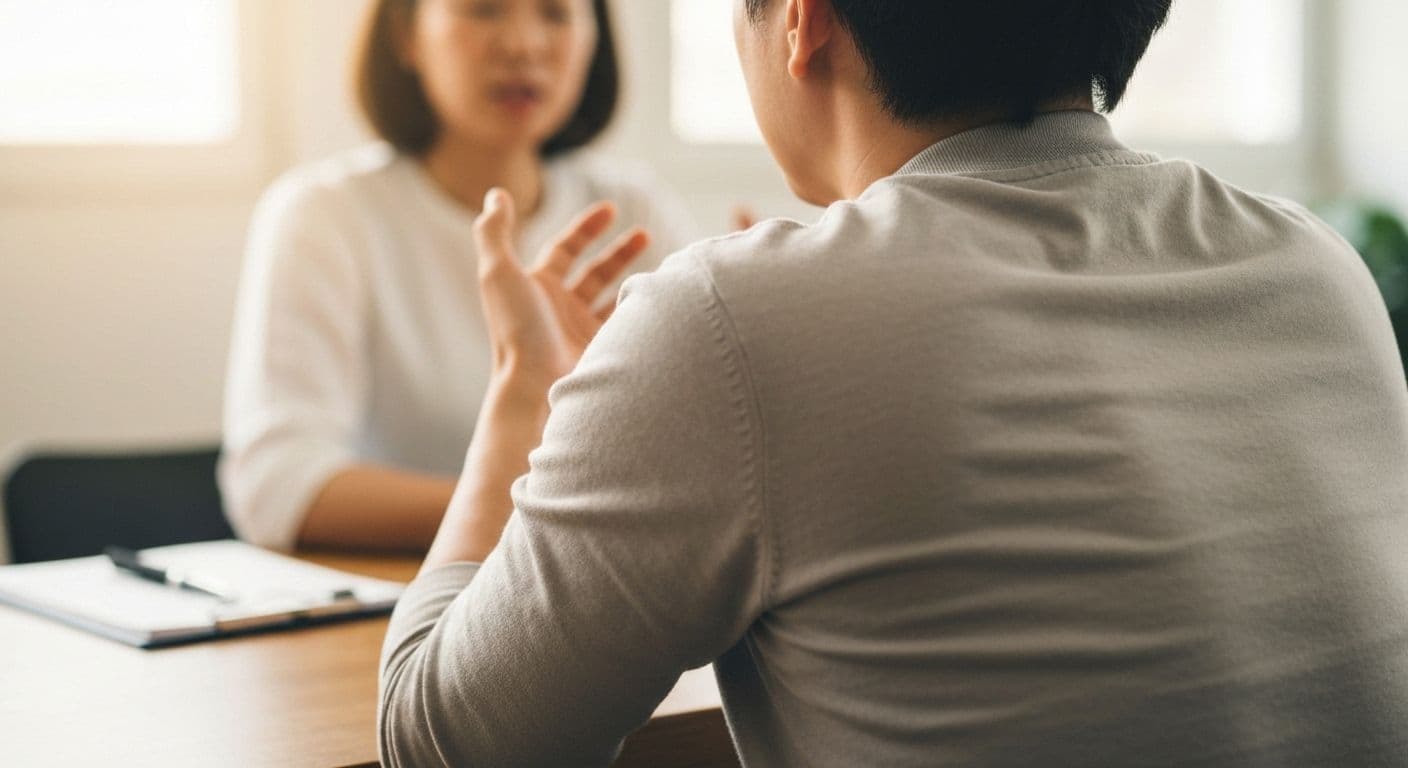 Person recognizing shoulder tension during conversation showing how your body speaks your mind