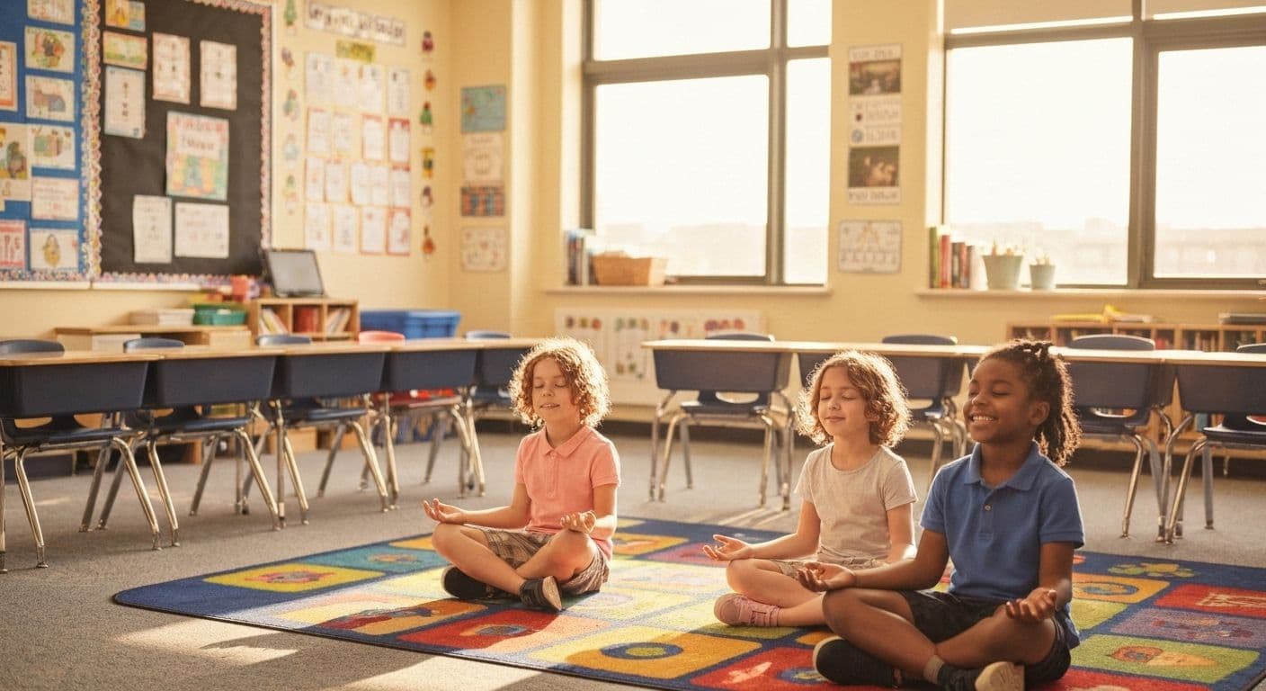 Elementary students practicing mindfulness in the classroom during transition between math and reading lessons
