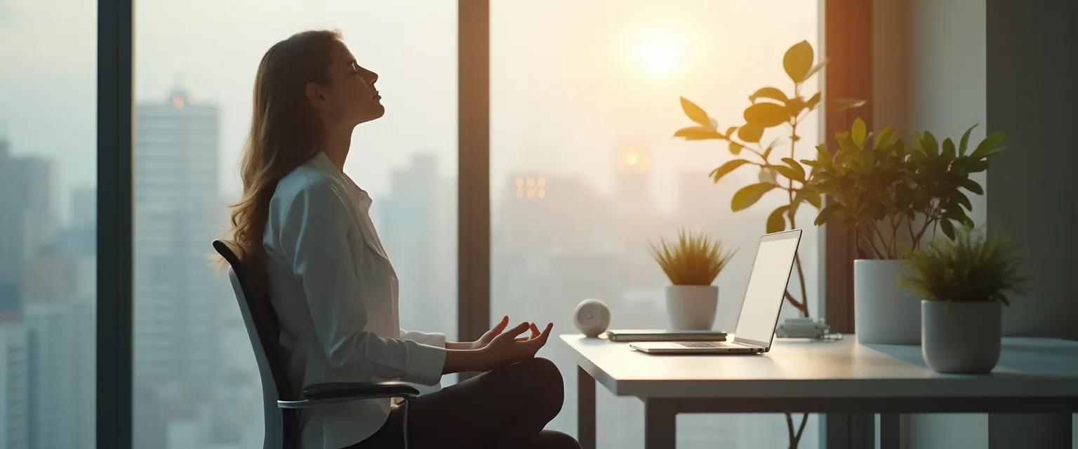 Professional practicing quick mindfulness exercises at desk in office setting