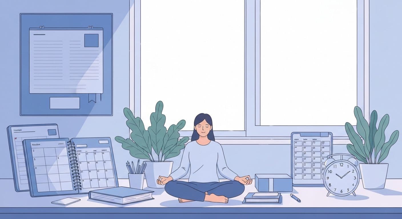 Person finding peaceful life peaceful mind moments during busy schedule with calendar and calm expression