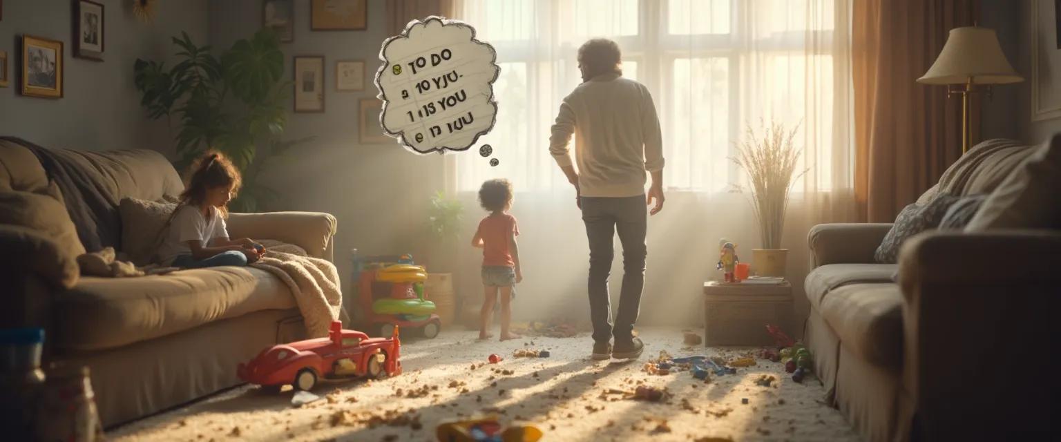 Parent overcoming procrastination during parental duties while caring for children