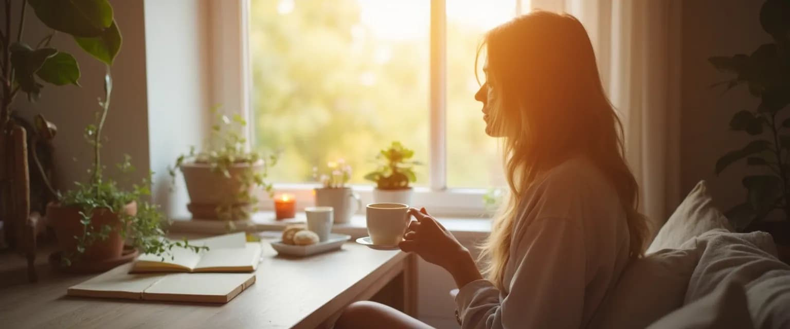 Happy mom enjoying a 5-minute self-care ritual during her busy day