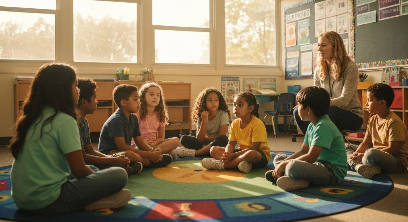 Teacher facilitating self awareness social emotional learning during classroom discussion with elementary students