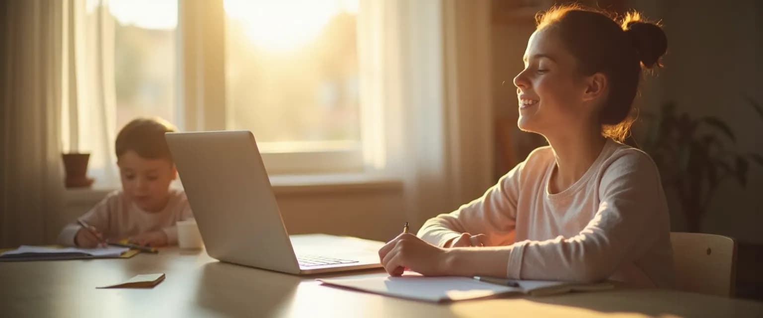 Working parent practicing mindful compassion during a busy day with children