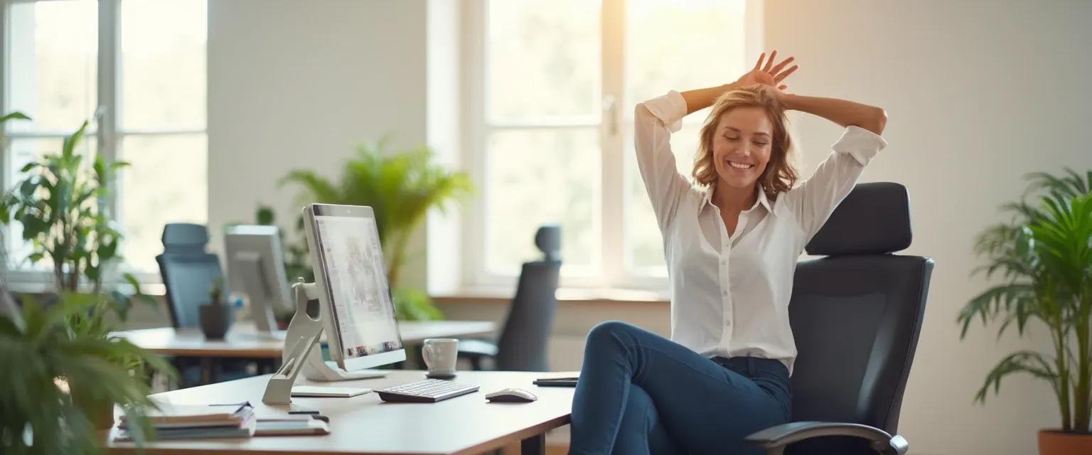 Professional demonstrating desk stretches for health and well-being at work