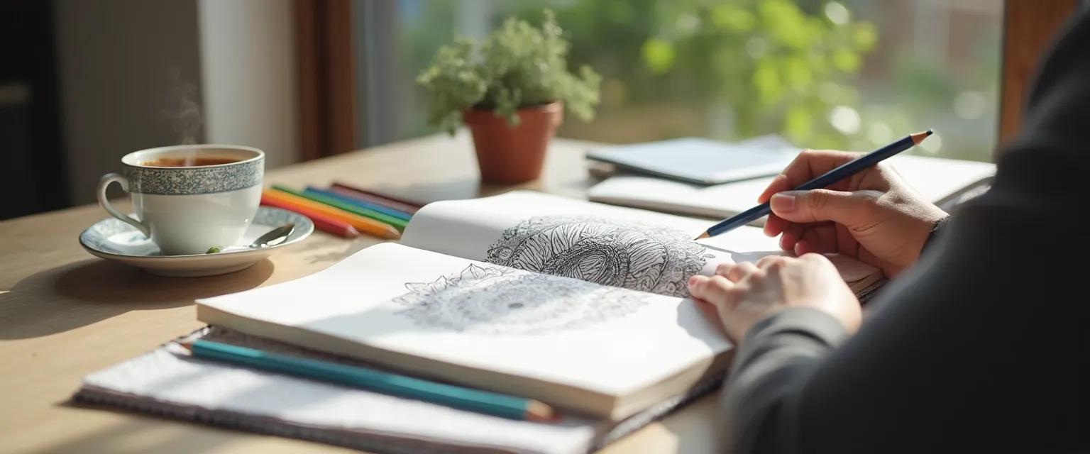 Professional using mindful coloring techniques during a short work break to reduce stress