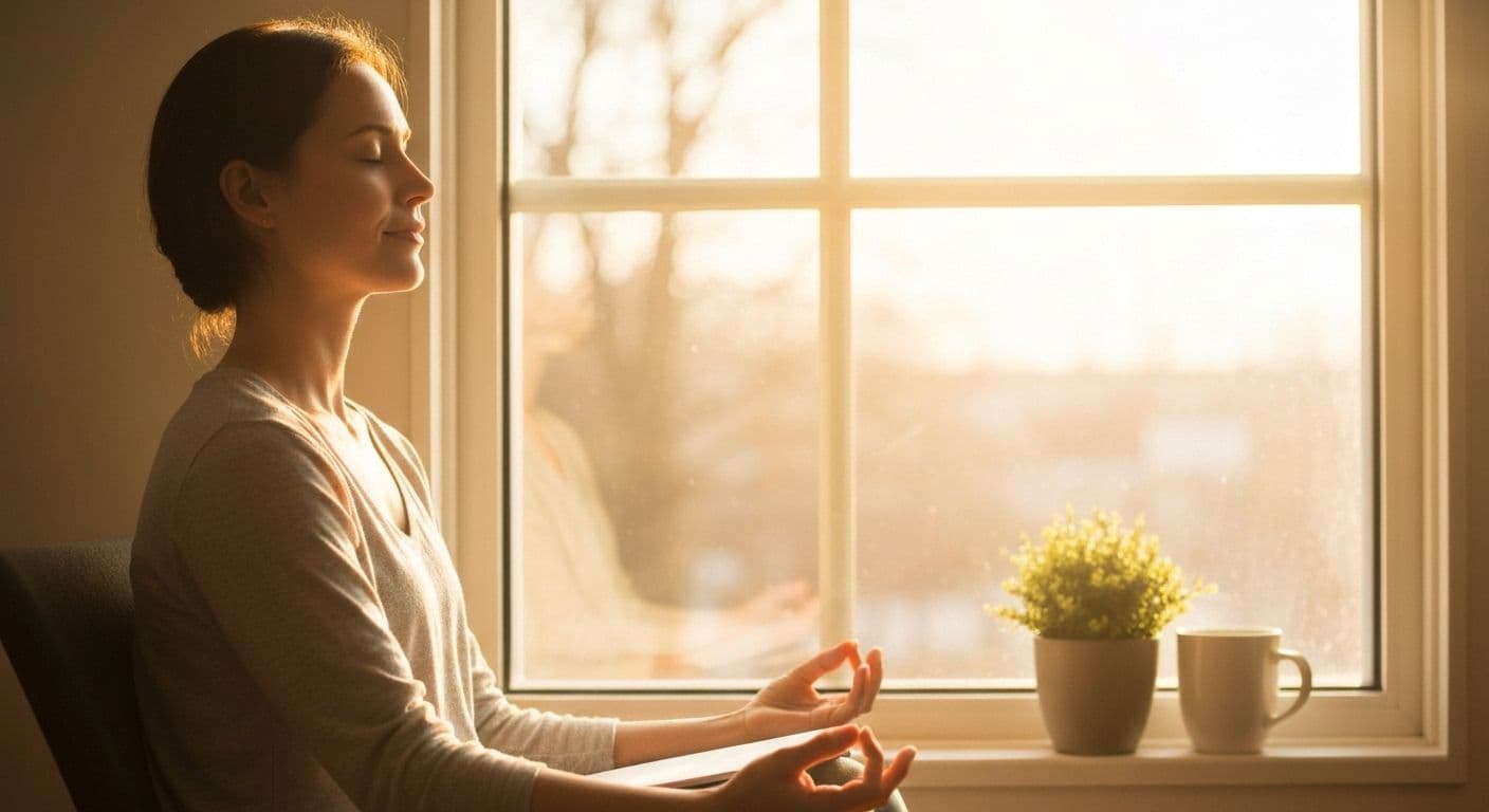 Person waking up peacefully with a positive state of mind, practicing morning mindfulness and emotional awareness