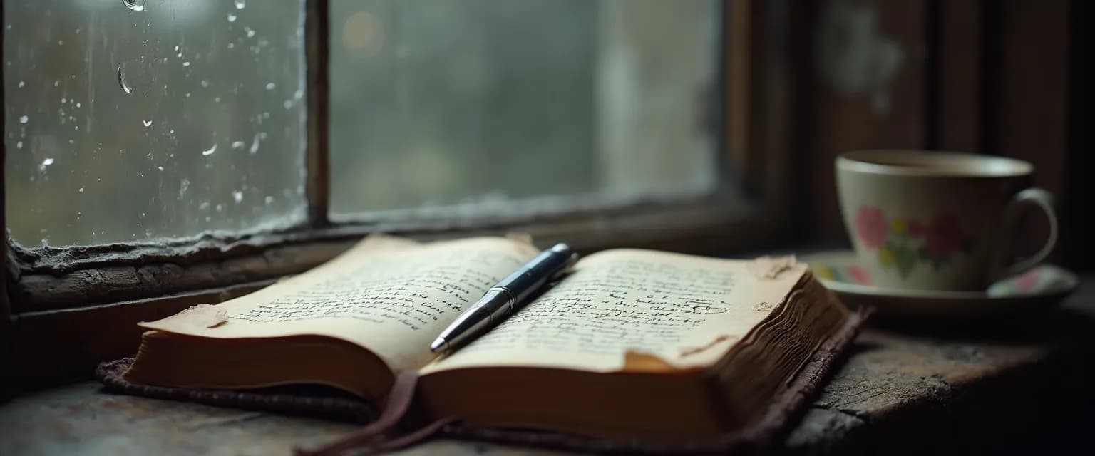 Woman journaling with Annie Lord's Notes on Heartbreak memoir beside her
