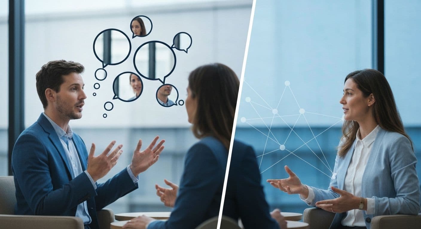 Person reflecting on self awareness communication blind spots during conversation with colleague