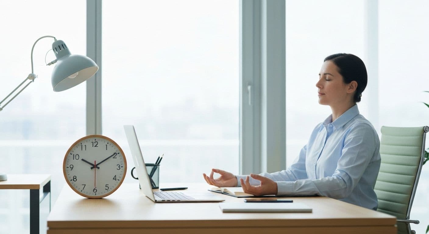 Professional creating a mind oasis with quick meditation technique between meetings at desk