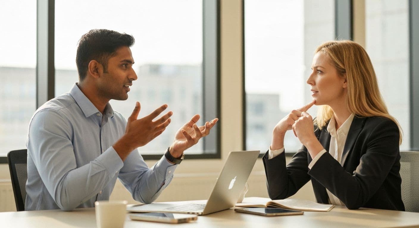 Professional workplace conversation demonstrating communication strategies for people with no self awareness who deflect blame