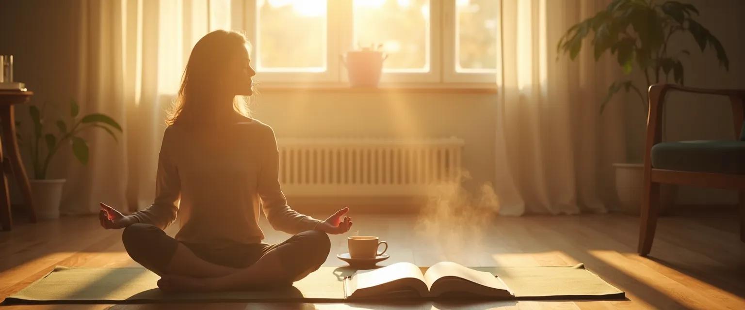 Woman practicing 5-minute mind-body-soul morning ritual with stretching and breathing exercises